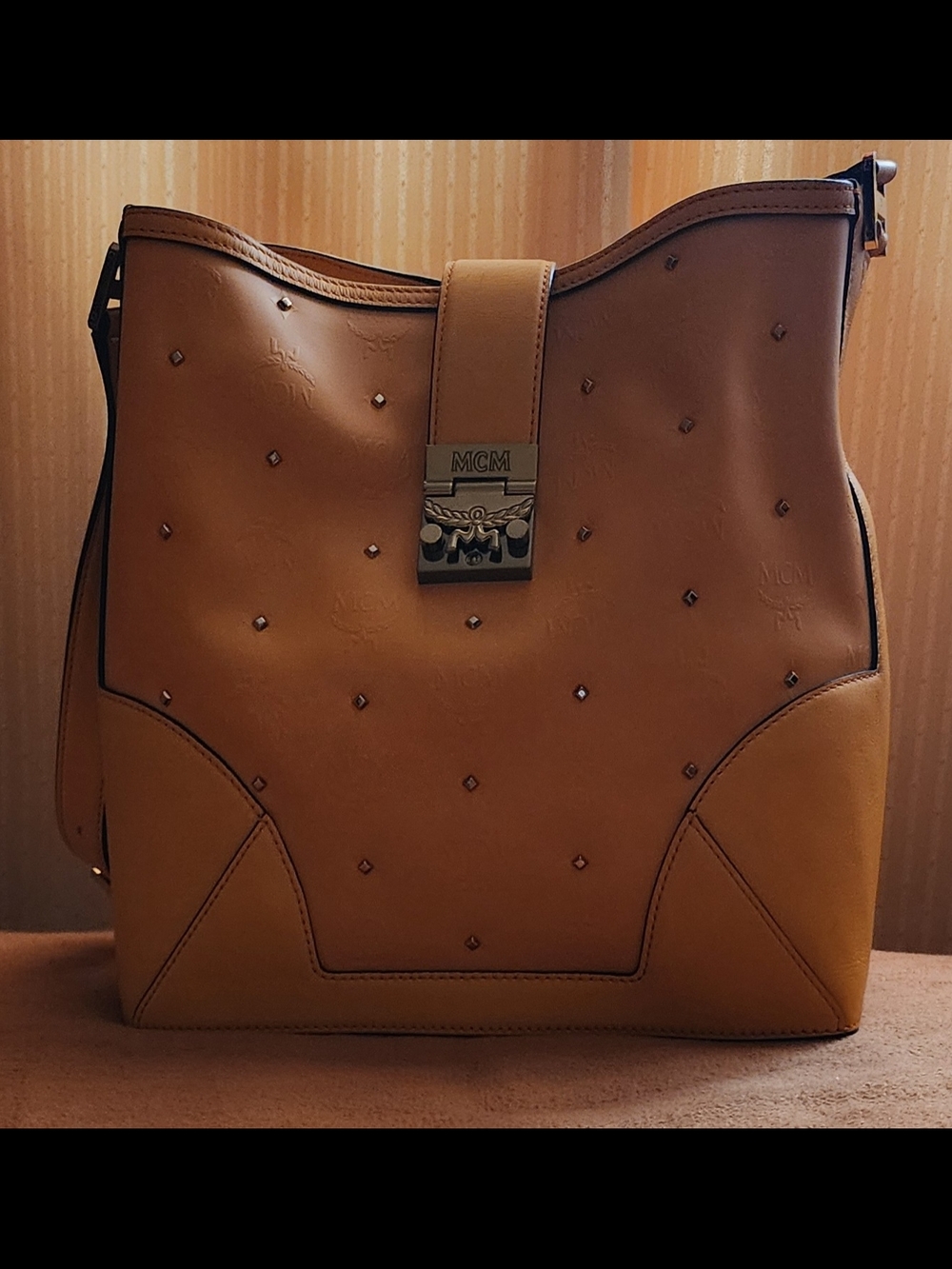 MCM Monogram Yellow Leather Stud-Accented Pristine 11x11 1/2 Shoulder Bag